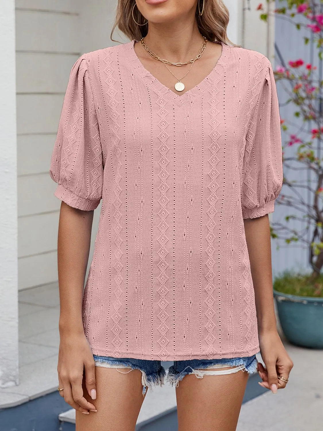 Puff Sleeve V-Neck Eyelet Lace T-Shirt