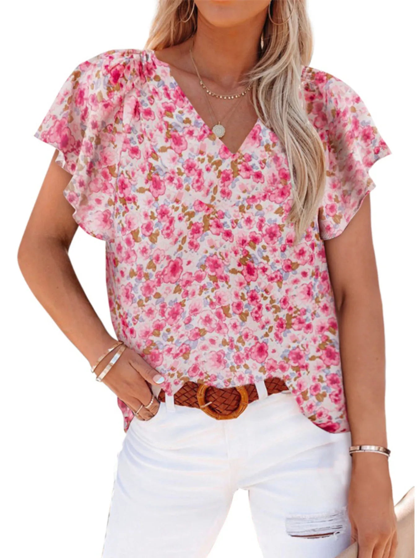 Full Size Flutter Sleeve Floral V-Neck Blouse Plus Size