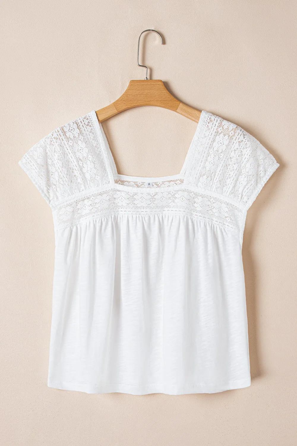 Hollowed Lace Patchwork Square Neck Short Sleeve Blouse