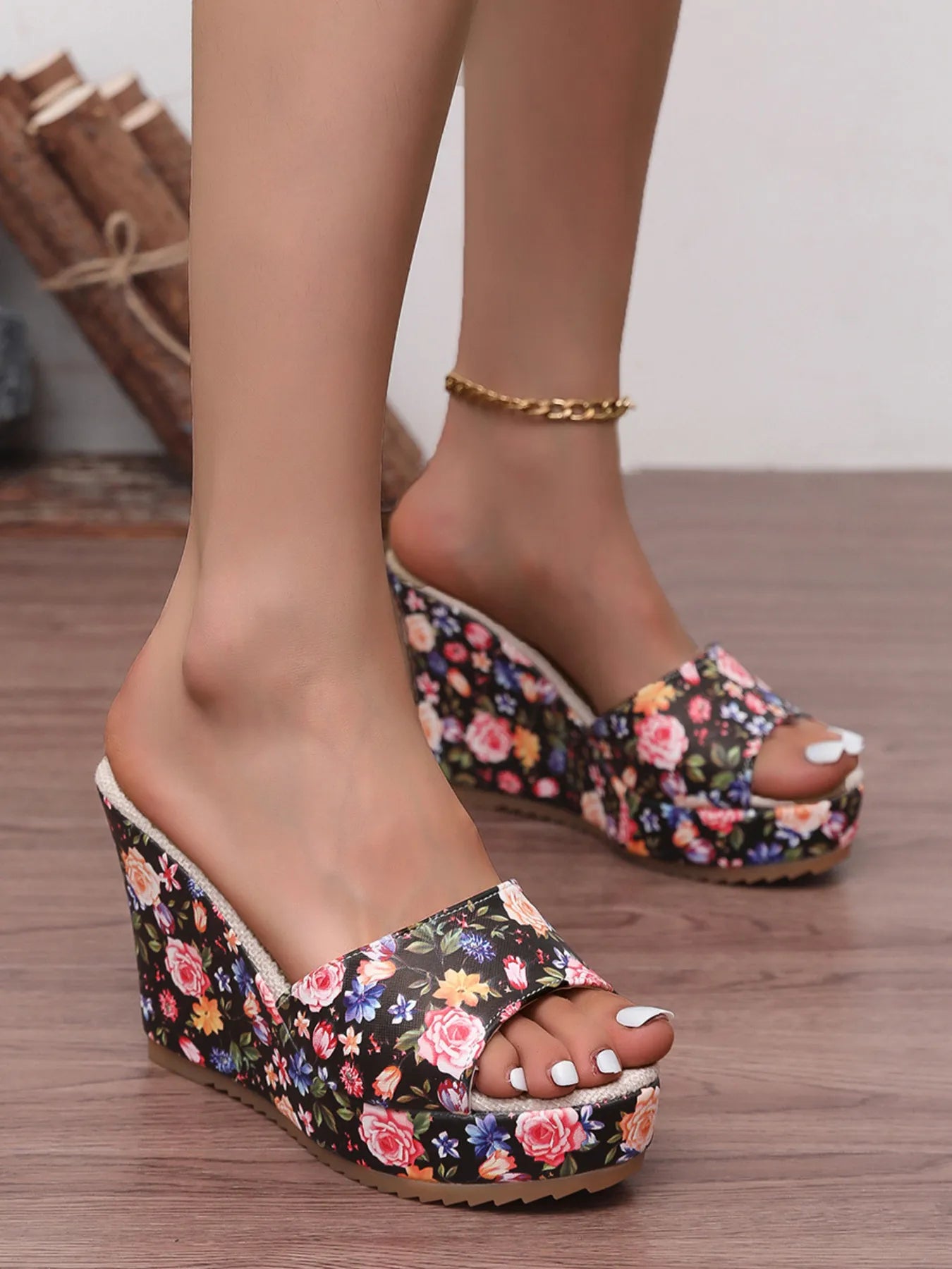 Floral Print Platform Wedge Sandals