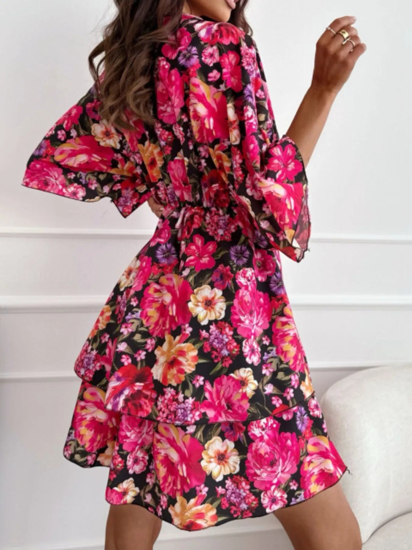 Floral Print V-Neck Ruffle Mini Dress