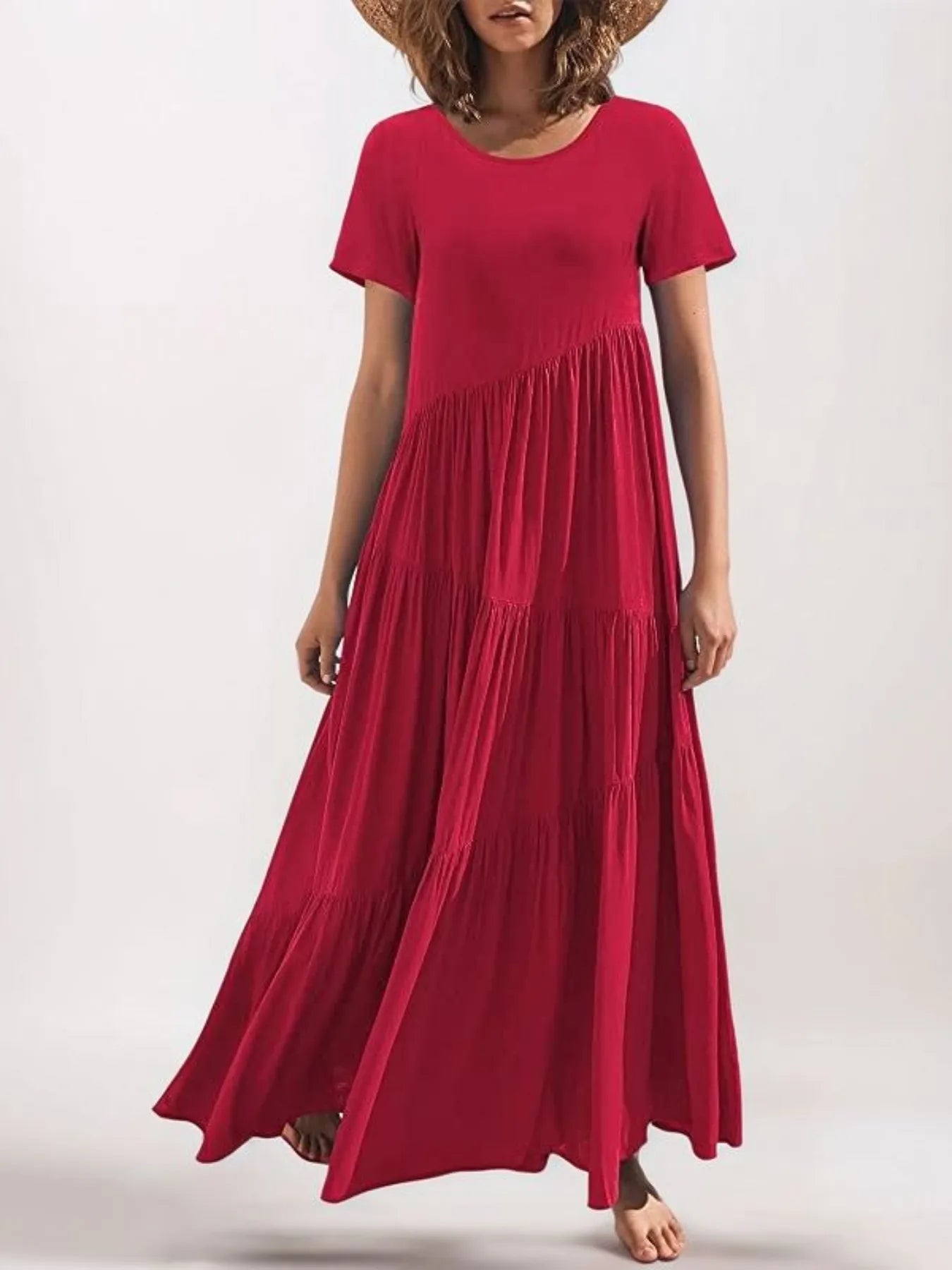 Round Neck Tiered Ruffle Maxi Dress Red