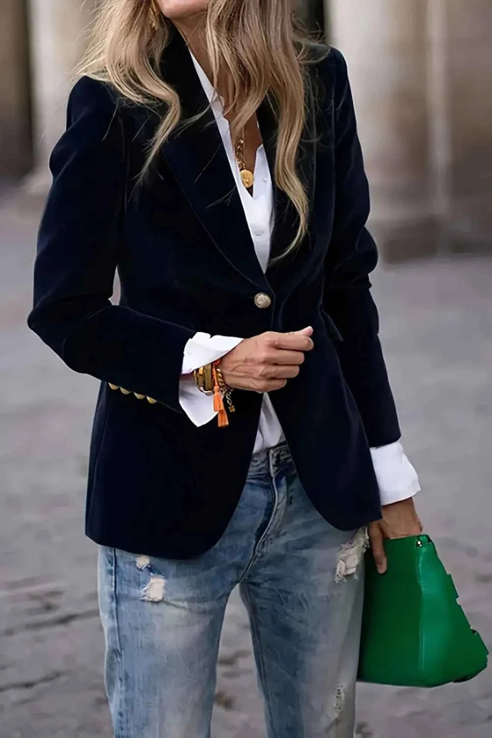 One Button Lapel Collar Long Sleeve Blazer Black