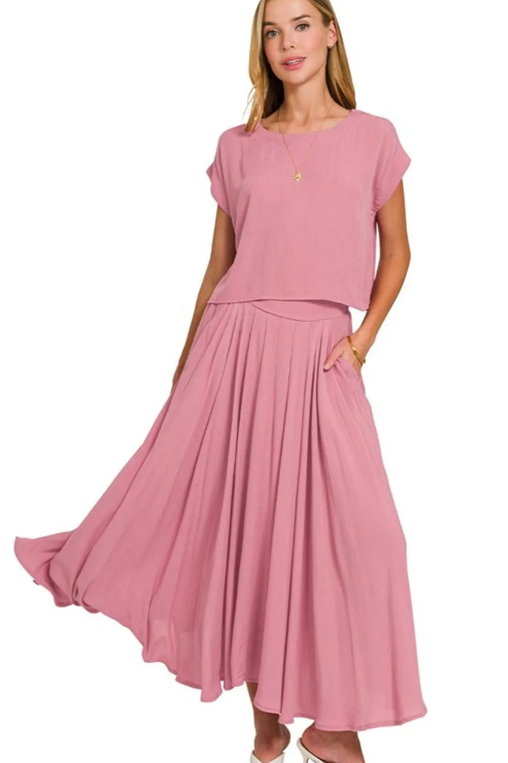 Zenana Woven Crinkle Gauze Crop Tee and Skirt Set LT ROSE