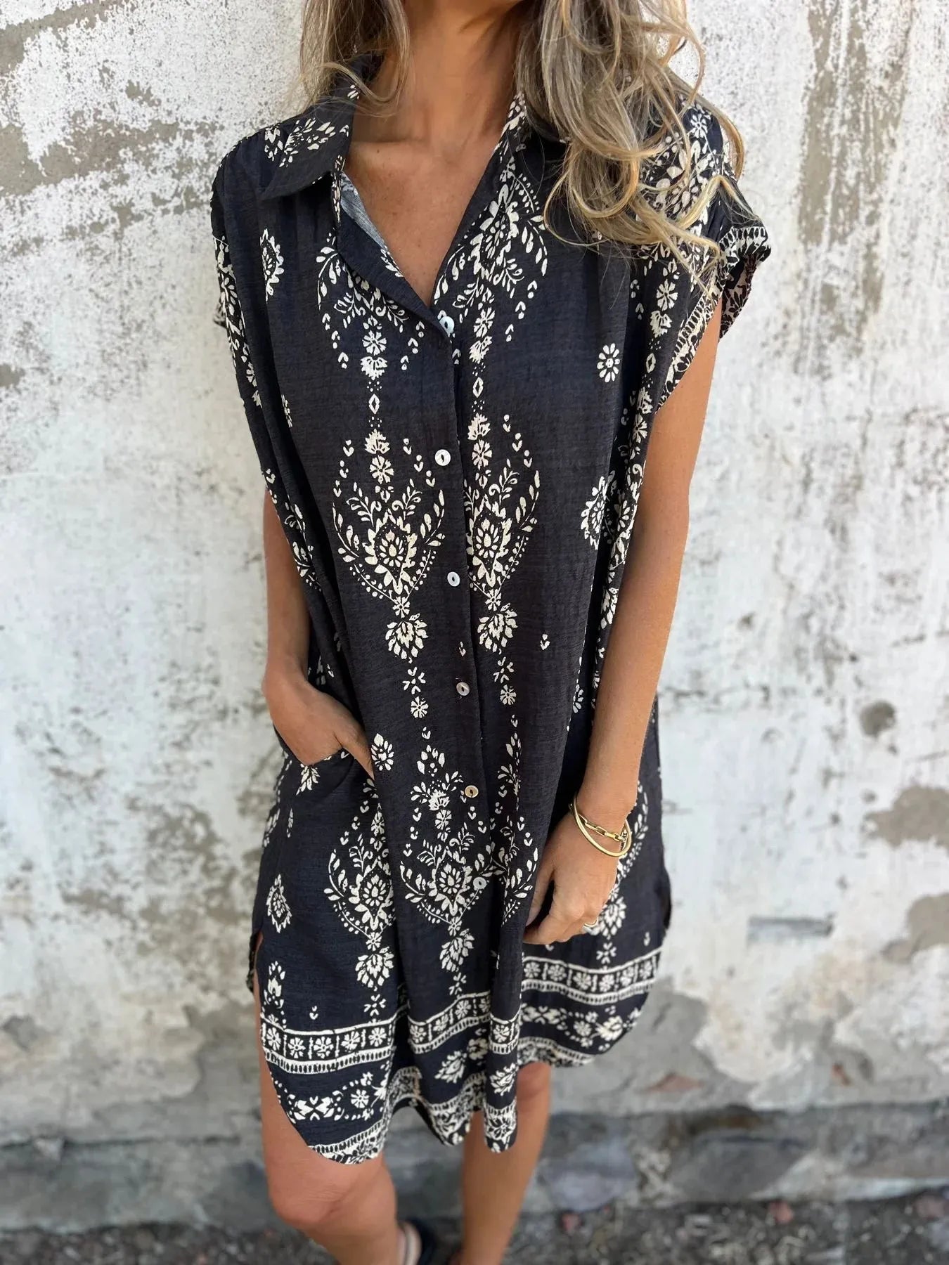Full Size Printed Short Sleeve Button-Up Shirt Dress Plus Size