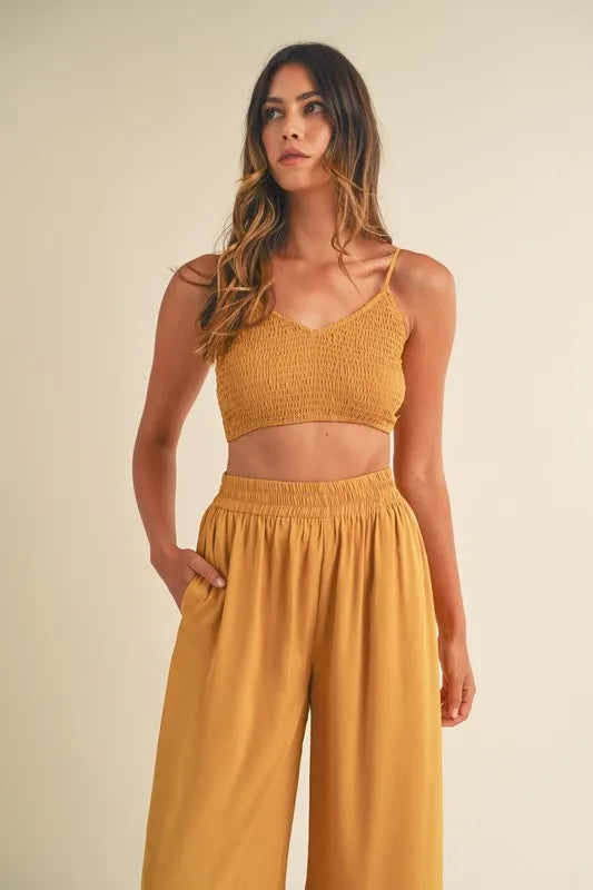 MABLE Smocked Bralette Crop Top and Wide Leg Pants Set