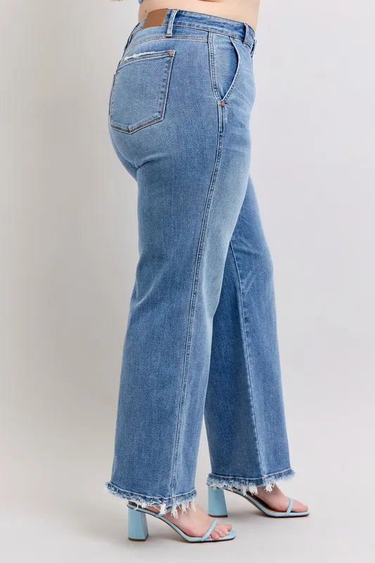 Judy Blue Full Size Raw Hem Wide Leg Jeans Plus Size