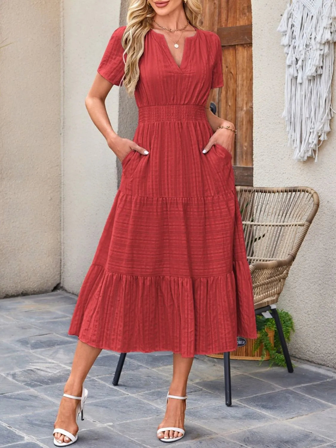 Tiered Notched Short Sleeve Dress Deep Red