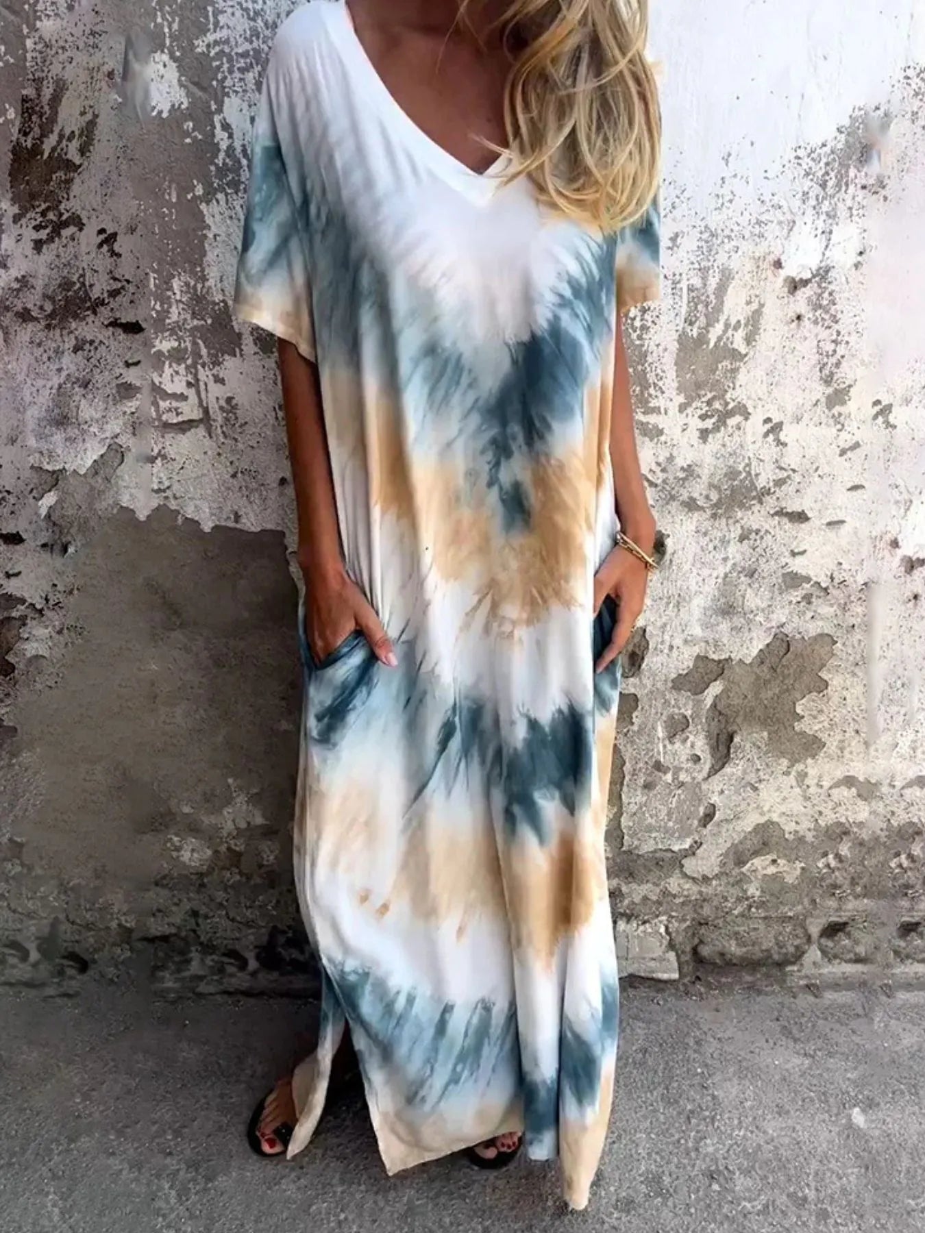 Full Size Tie-Dye V-Neck Midi Dress with Pockets Plus Size