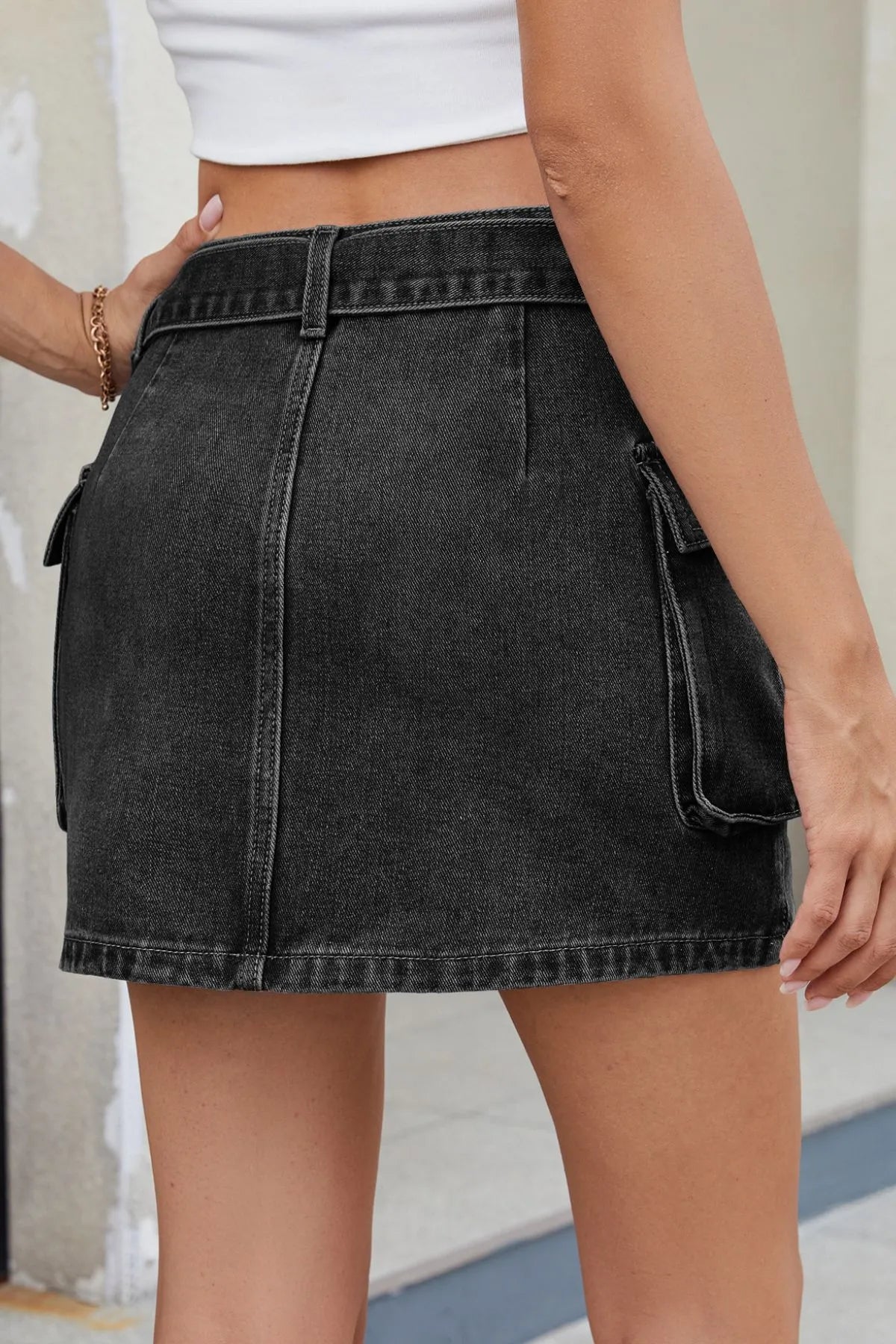 Criss-Cross Waist Detail Denim Mini Skirt