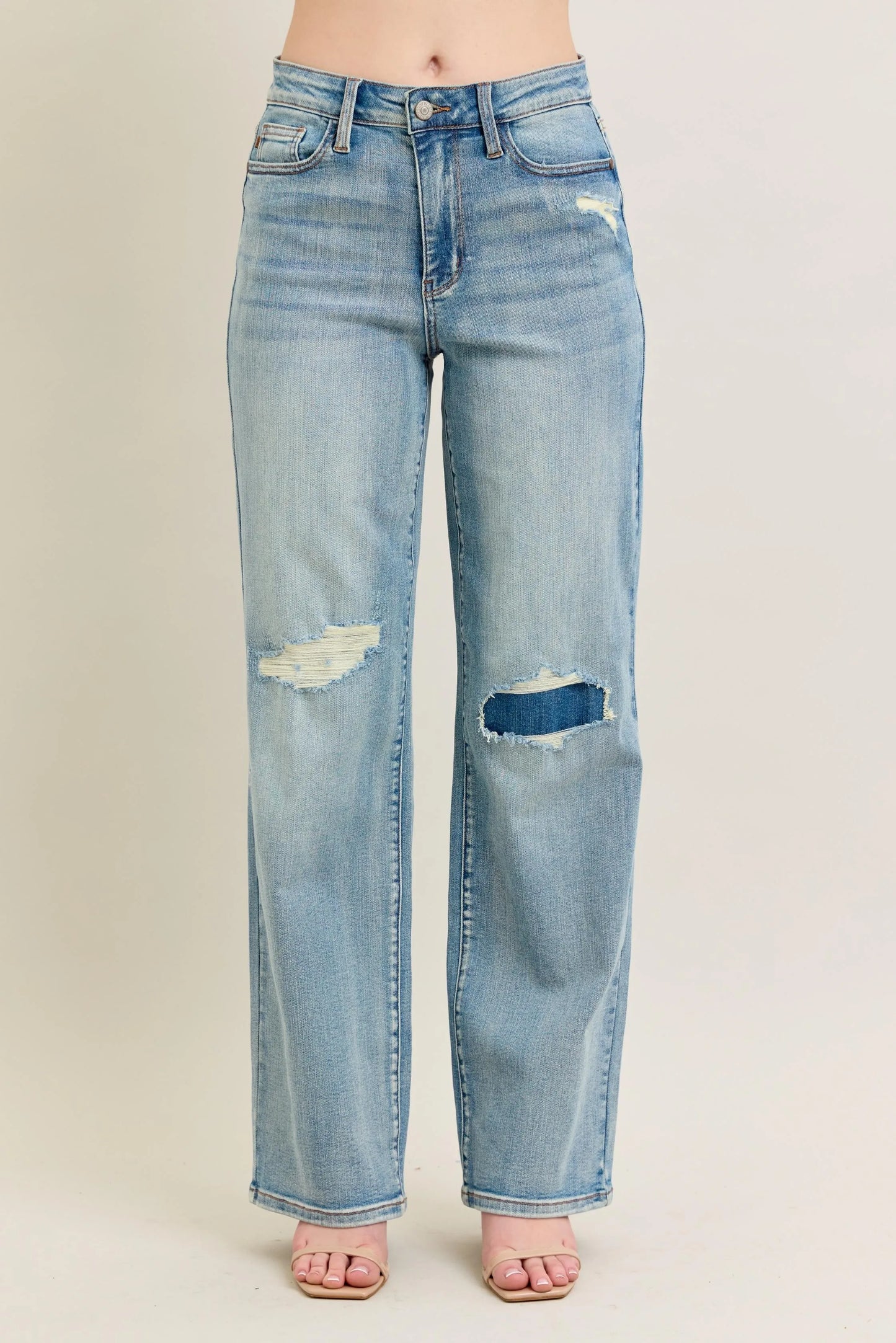 Judy Blue Full Size Hw Destroy & Knee Patch Straight Jeans Plus Size Medium