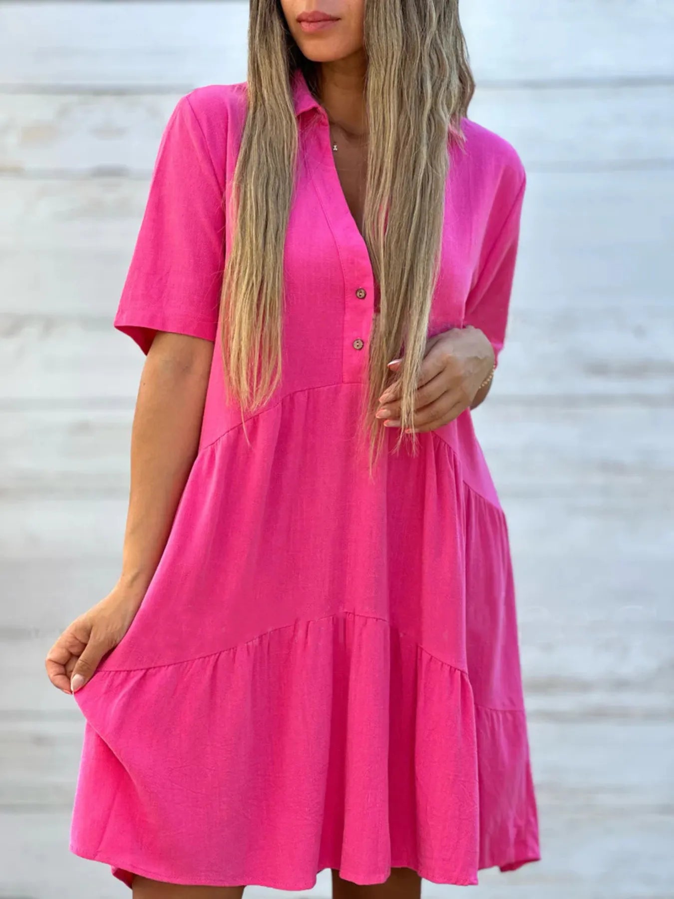 Full Size Tiered Button-Front Short Sleeve Dress Plus Size Rose Red