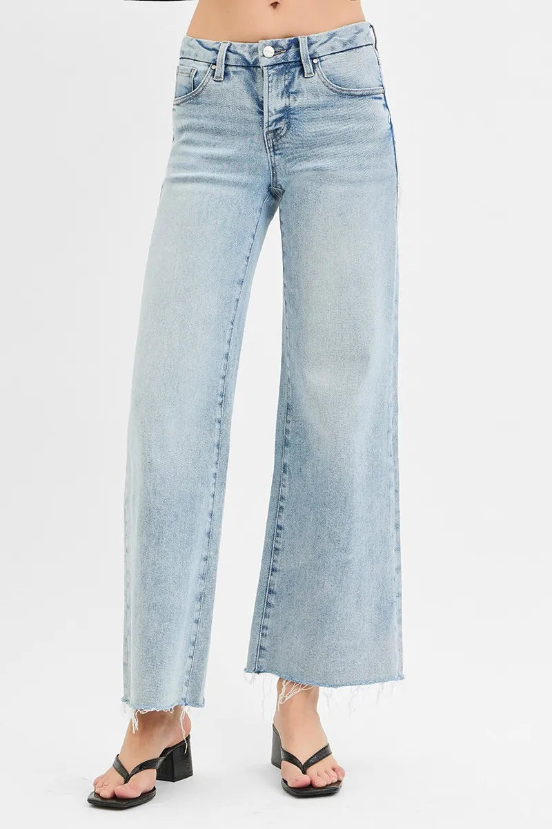 RISEN Full Size Tummy Control Low Rise Wide Leg Raw Cut Hem Jeans Plus Size