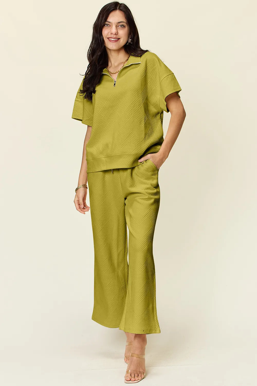 Double Take Full Size Texture Half Zip Short Sleeve Top and Pants Set Olive