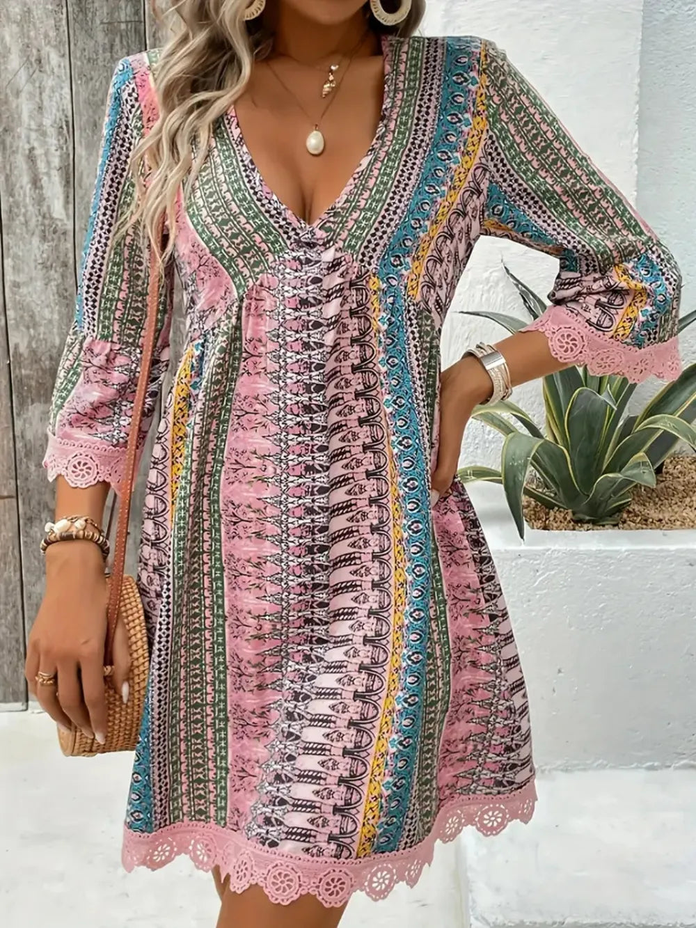 Lace Trim Printed V-Neck 3/4 Sleeve Dress Blush Pink