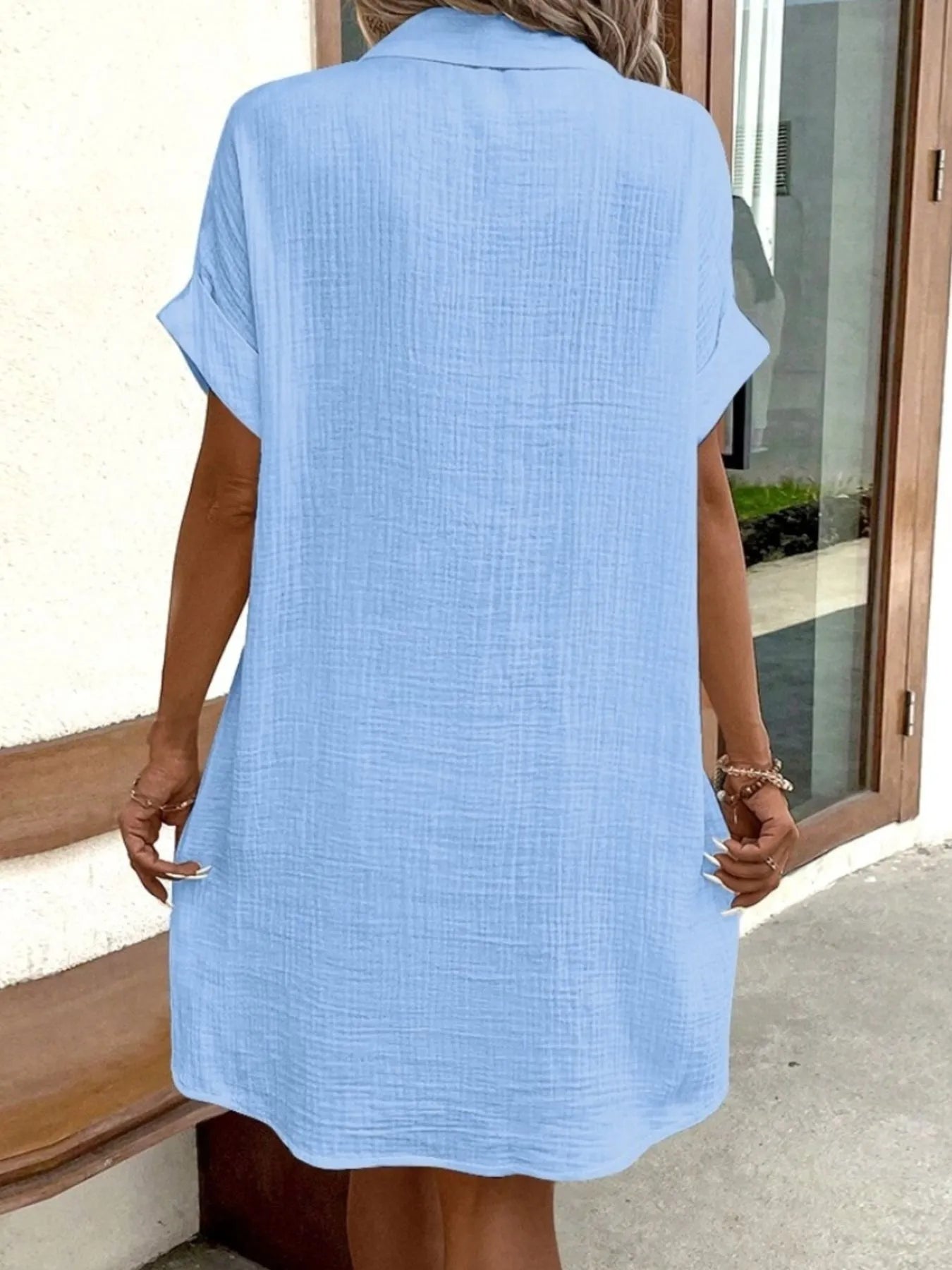 Casual Button Down Cotton Shirt Dress with Pockets