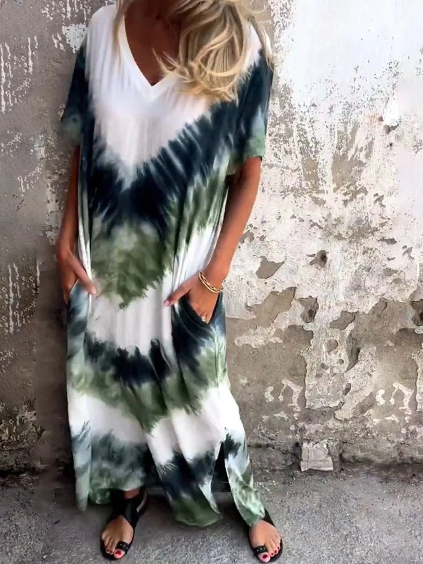 Full Size Tie-Dye V-Neck Midi Dress with Pockets Plus Size Dark Green