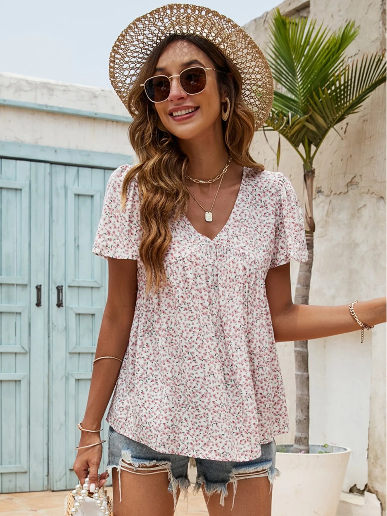 Floral Print V-neck Flutter Sleeve Babydoll Blouse