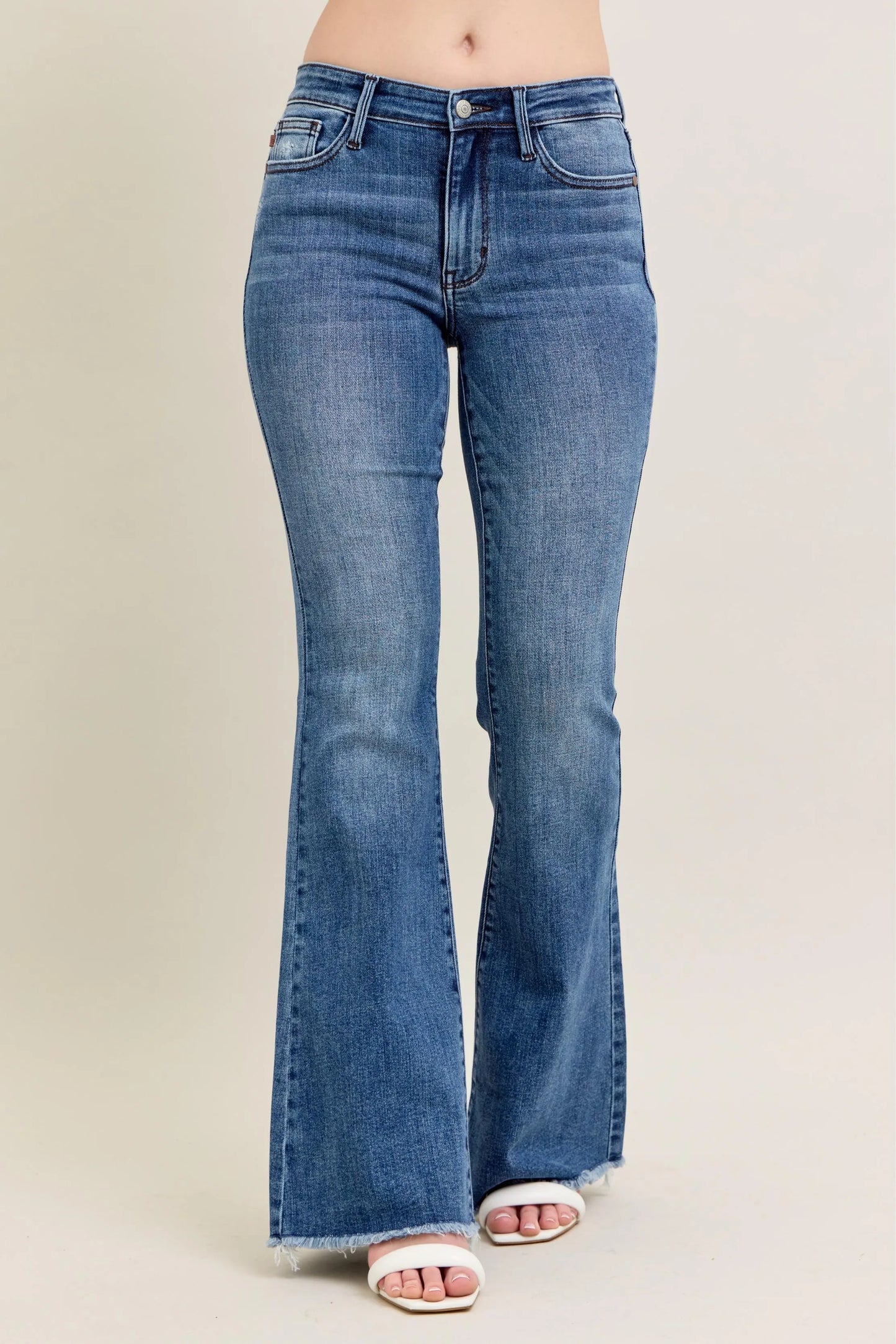 Judy Blue Full Size Mr Vintage Wash Flare Jeans W/ Destroy and Fray Hem Plus Size MD