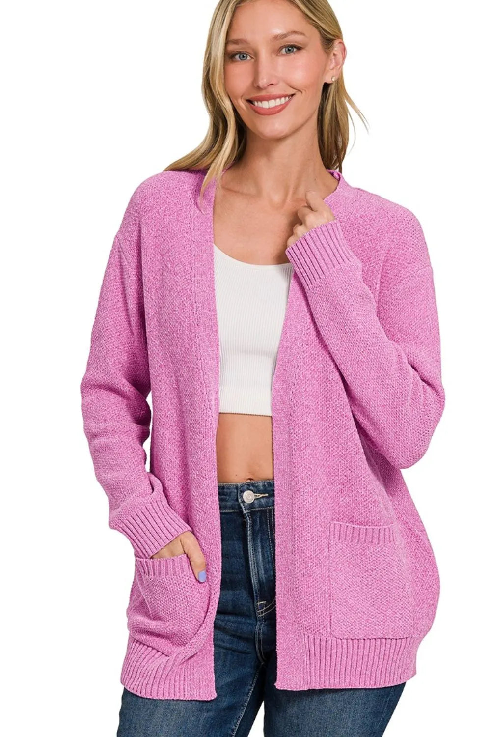 Zenana Melange Open Front Sweater Cardigan MAUVE