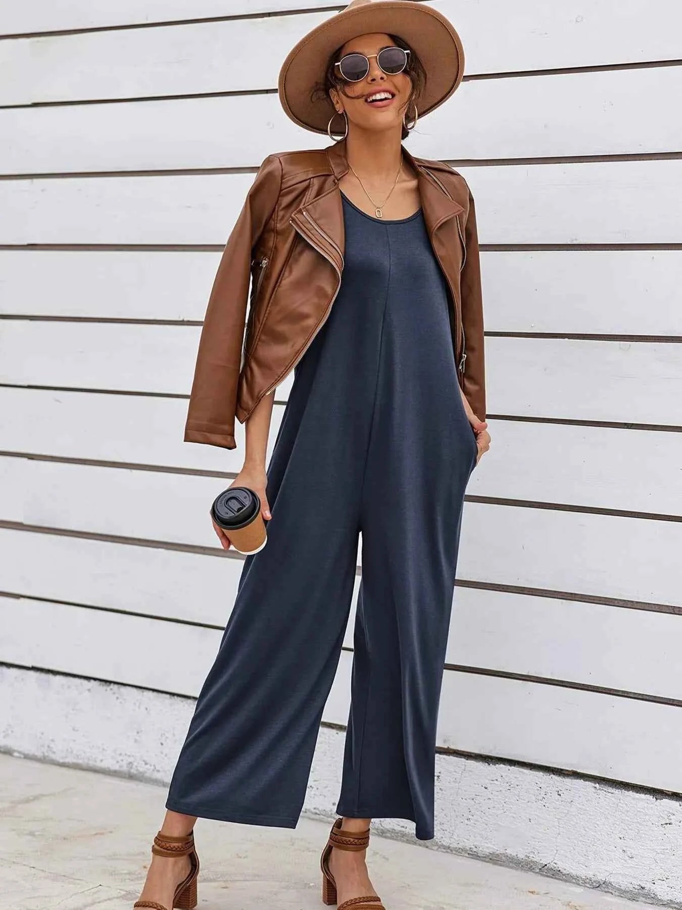 Sleeveless Wide Leg Casual Jumpsuit Navy