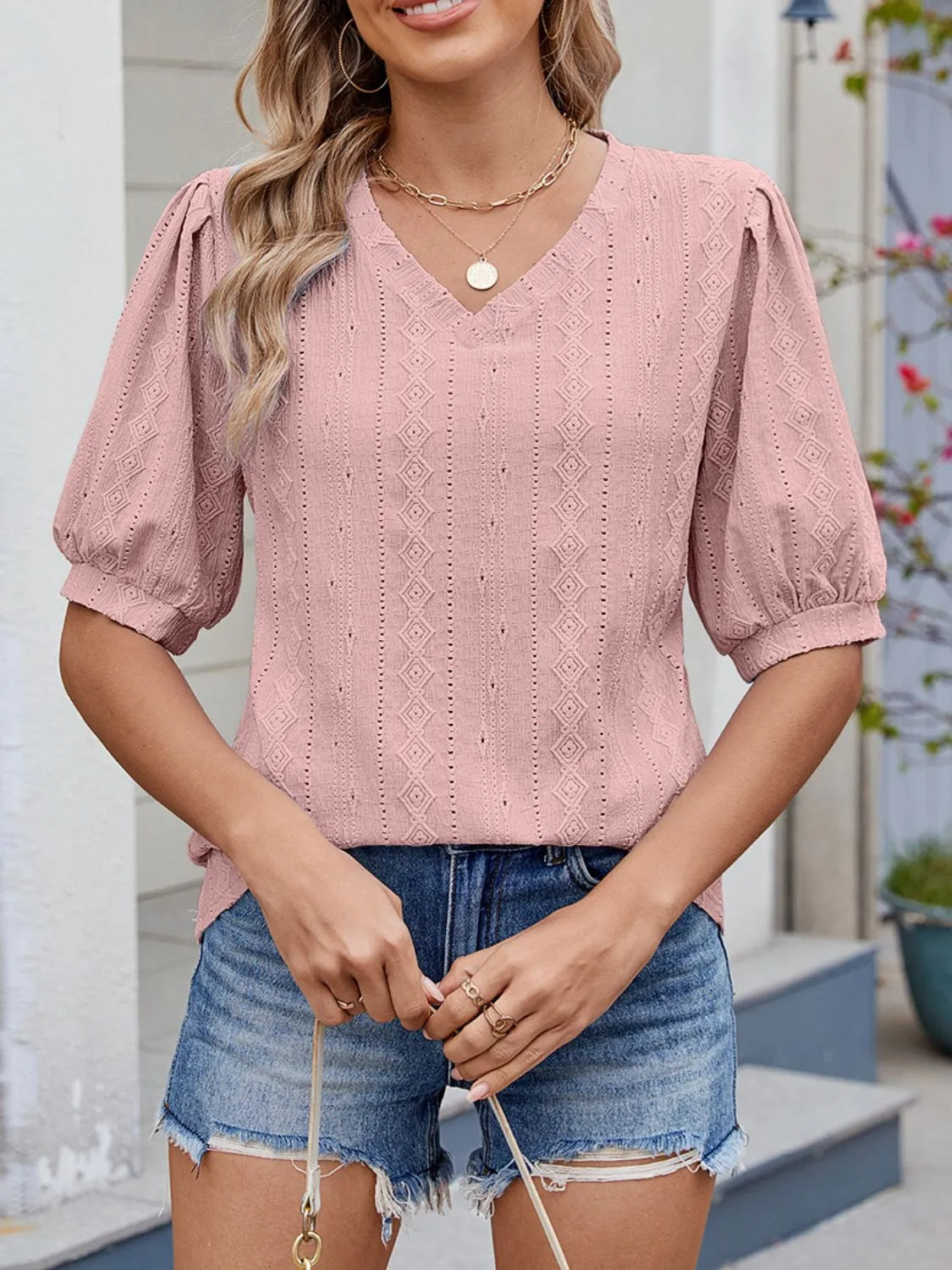 Puff Sleeve V-Neck Eyelet Lace T-Shirt Dusty Pink