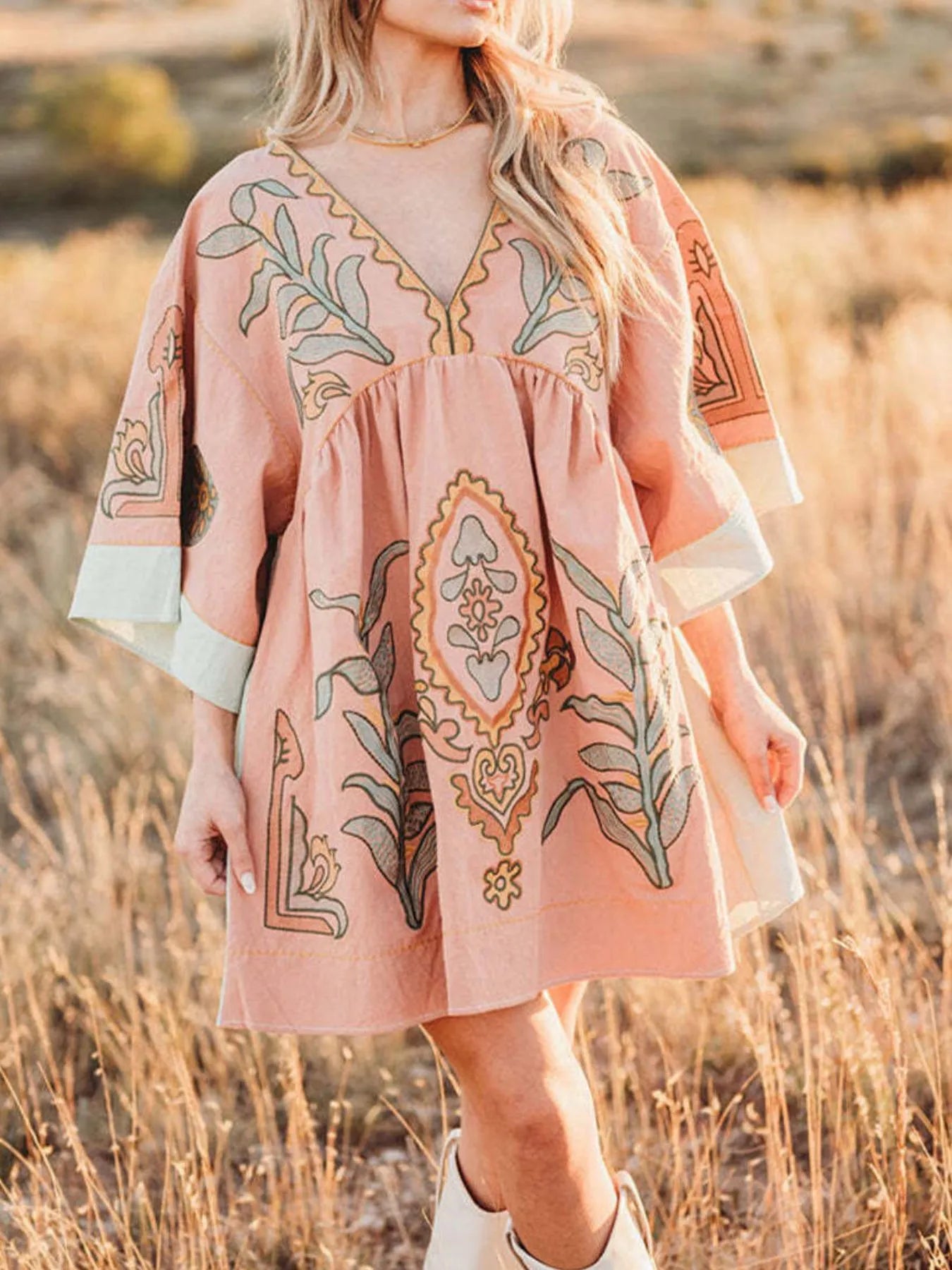 Printed V-Neck Kimono Sleeve Mini Dress Sherbet