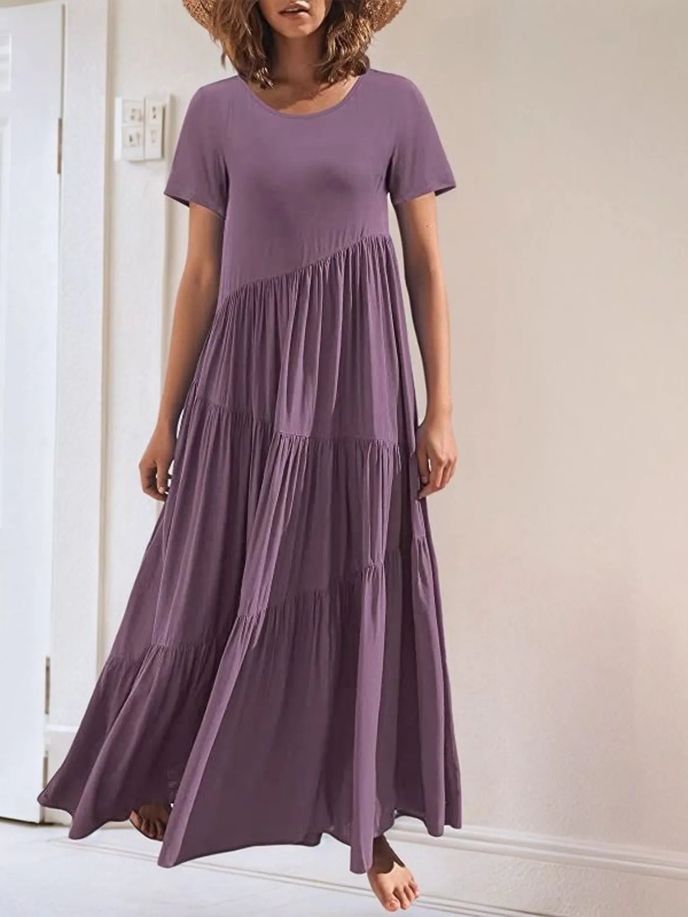 Round Neck Tiered Ruffle Maxi Dress Purple