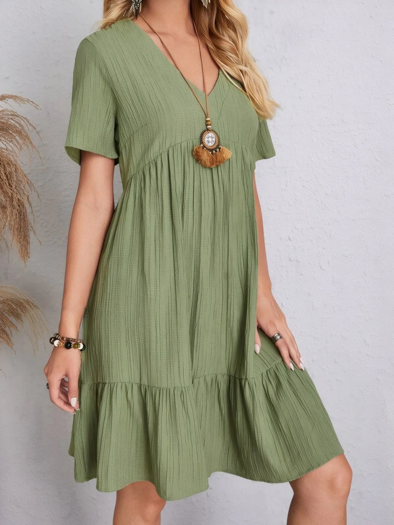 V-Neck Tiered Dress with Flutter Sleeves Sage