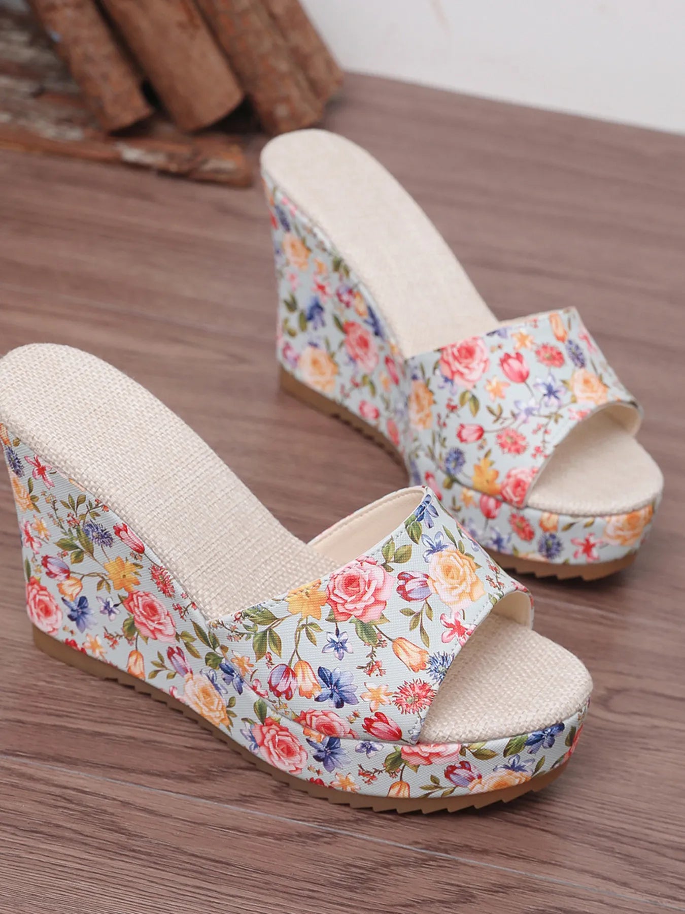Floral Print Platform Wedge Sandals