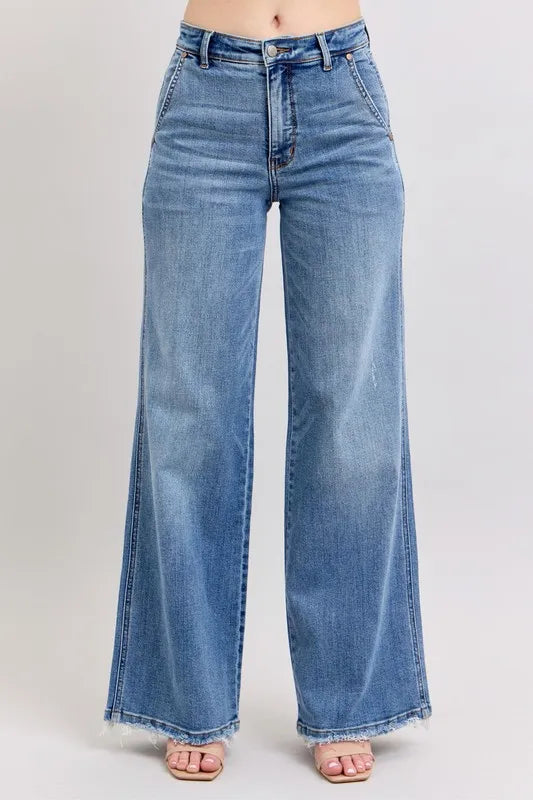 Judy Blue Full Size Raw Hem Wide Leg Jeans Plus Size MD