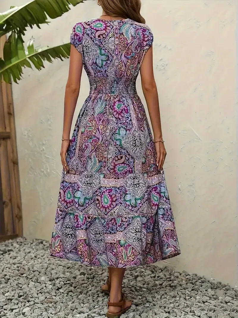 Plus Size Printed V-Neck Short Sleeve Midi Dress