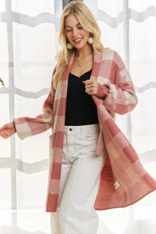 ADORA Full Size Checker Sweater Cardigan Plus Size