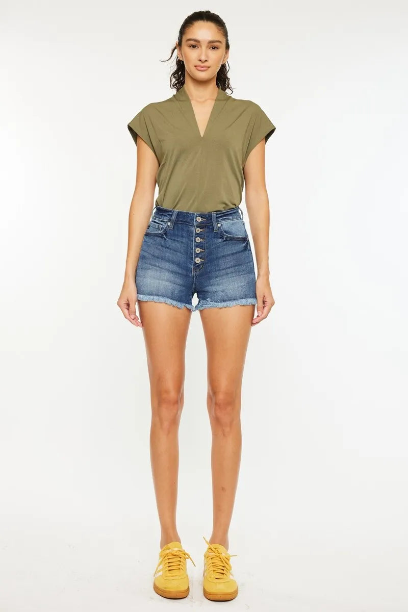Kancan High Rise Frayed Hem Denim Shorts