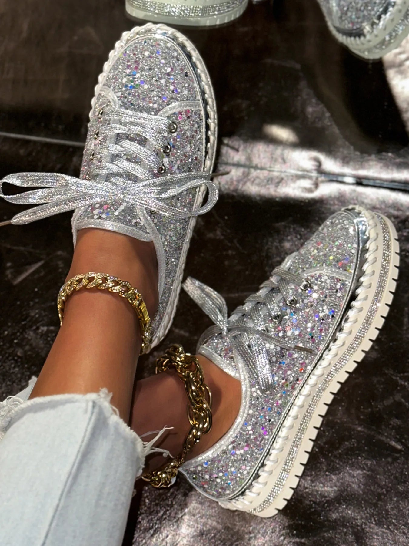 Lace Up Round Toe Platform Sneakers Silver