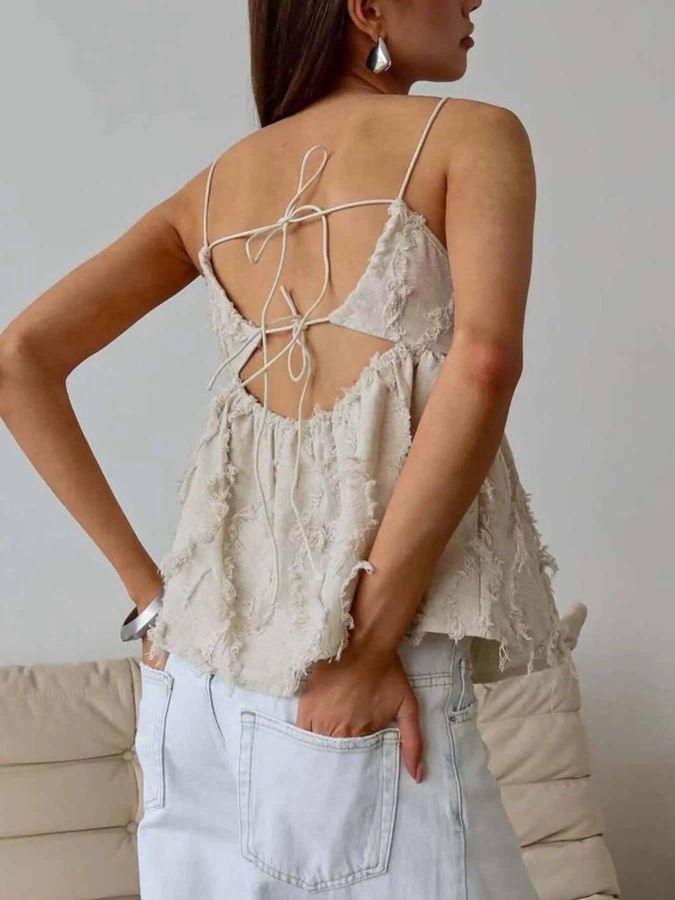 Backless Fringe Cropped Babydoll Cami