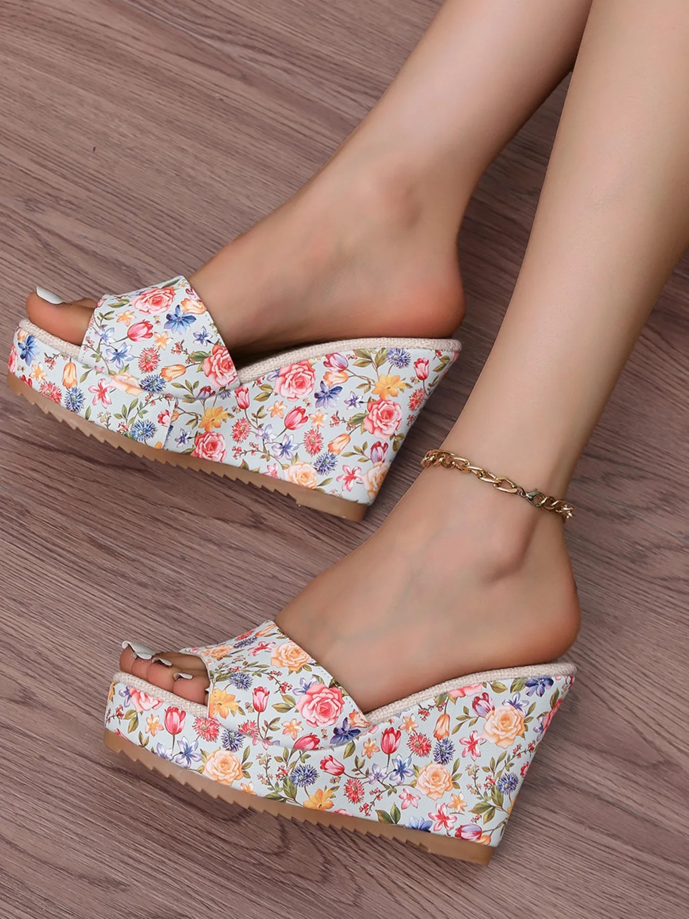 Floral Print Platform Wedge Sandals Blue