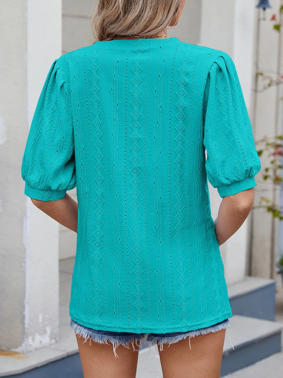 Puff Sleeve V-Neck Eyelet Lace T-Shirt