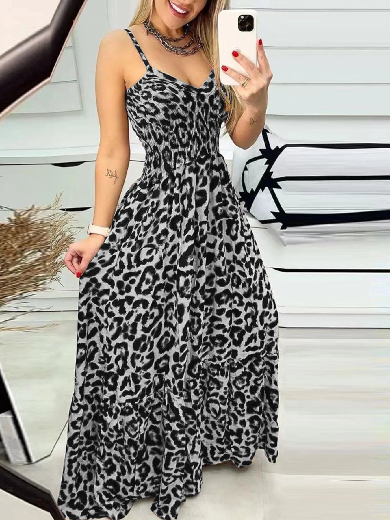 Full Size Leopard Print Spaghetti Strap Maxi Dress Plus Size Dark Gray