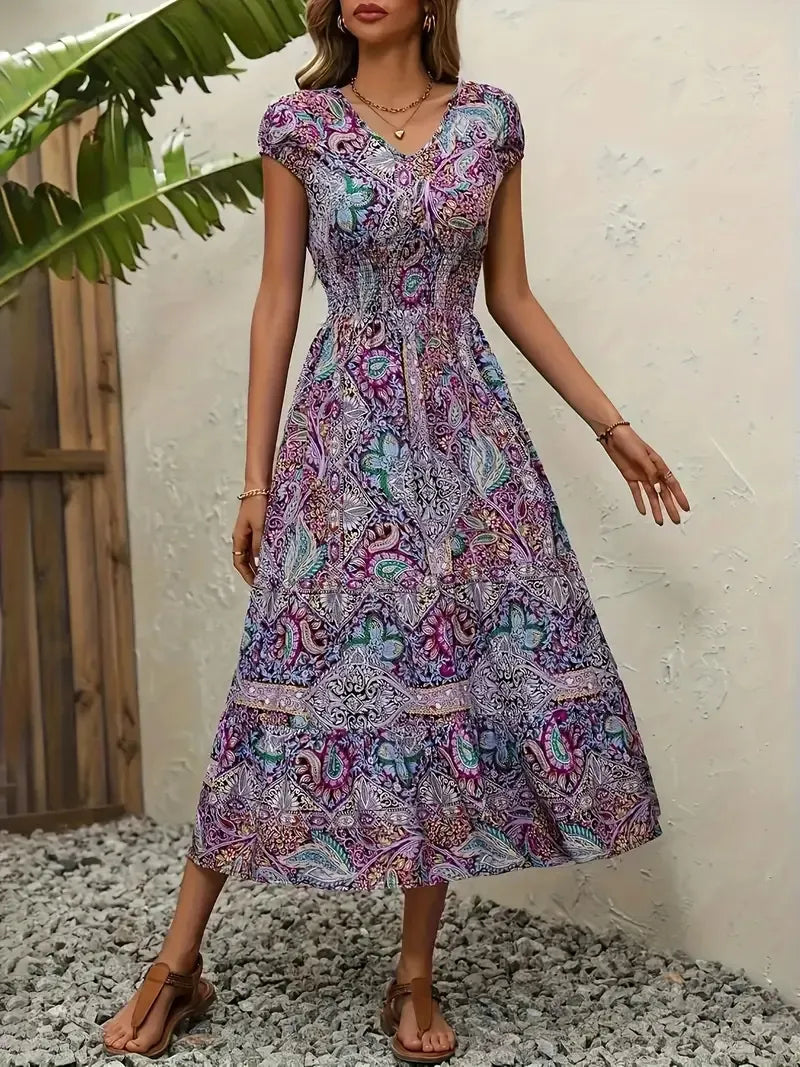 Plus Size Printed V-Neck Short Sleeve Midi Dress