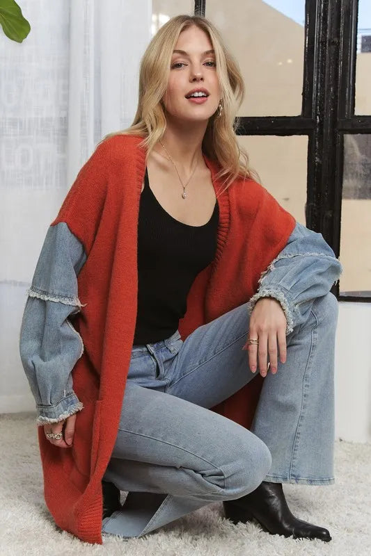 ADORA Full Size Frayed Denim Sleeve Sweater Cardigan Plus Size