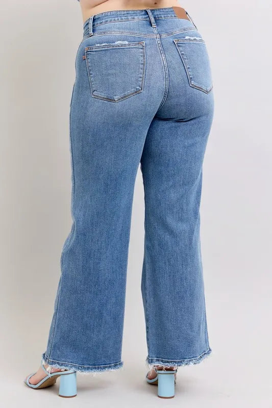 Judy Blue Full Size Raw Hem Wide Leg Jeans Plus Size