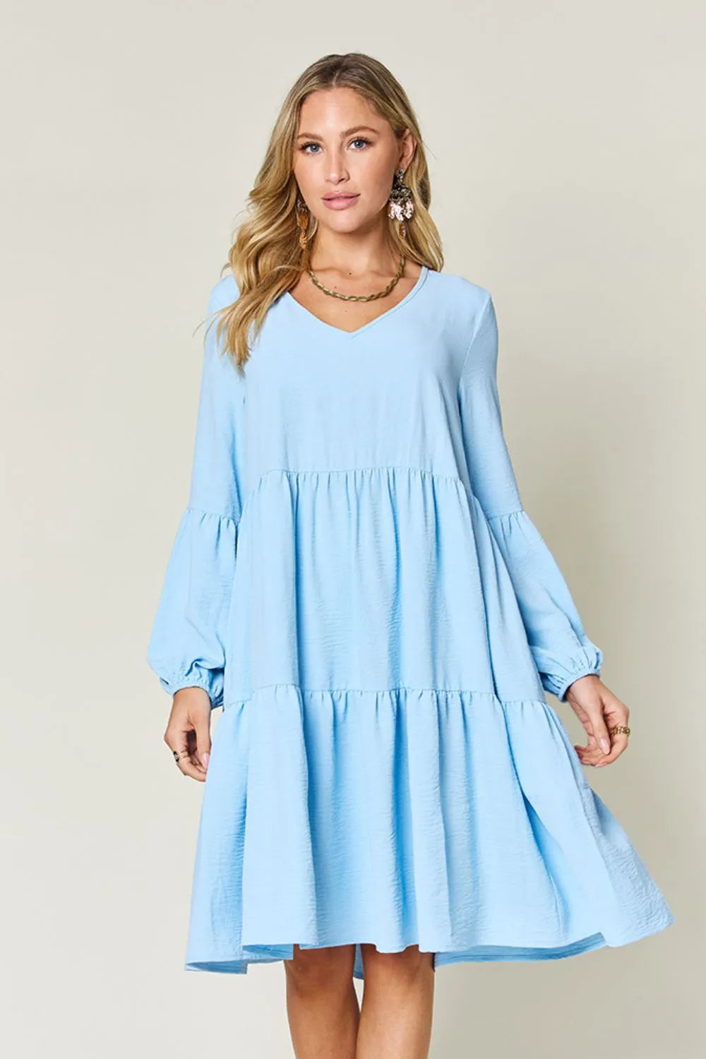Double Take Full Size V-Neck Balloon Sleeve Tiered Dress with Pockets Light Blue