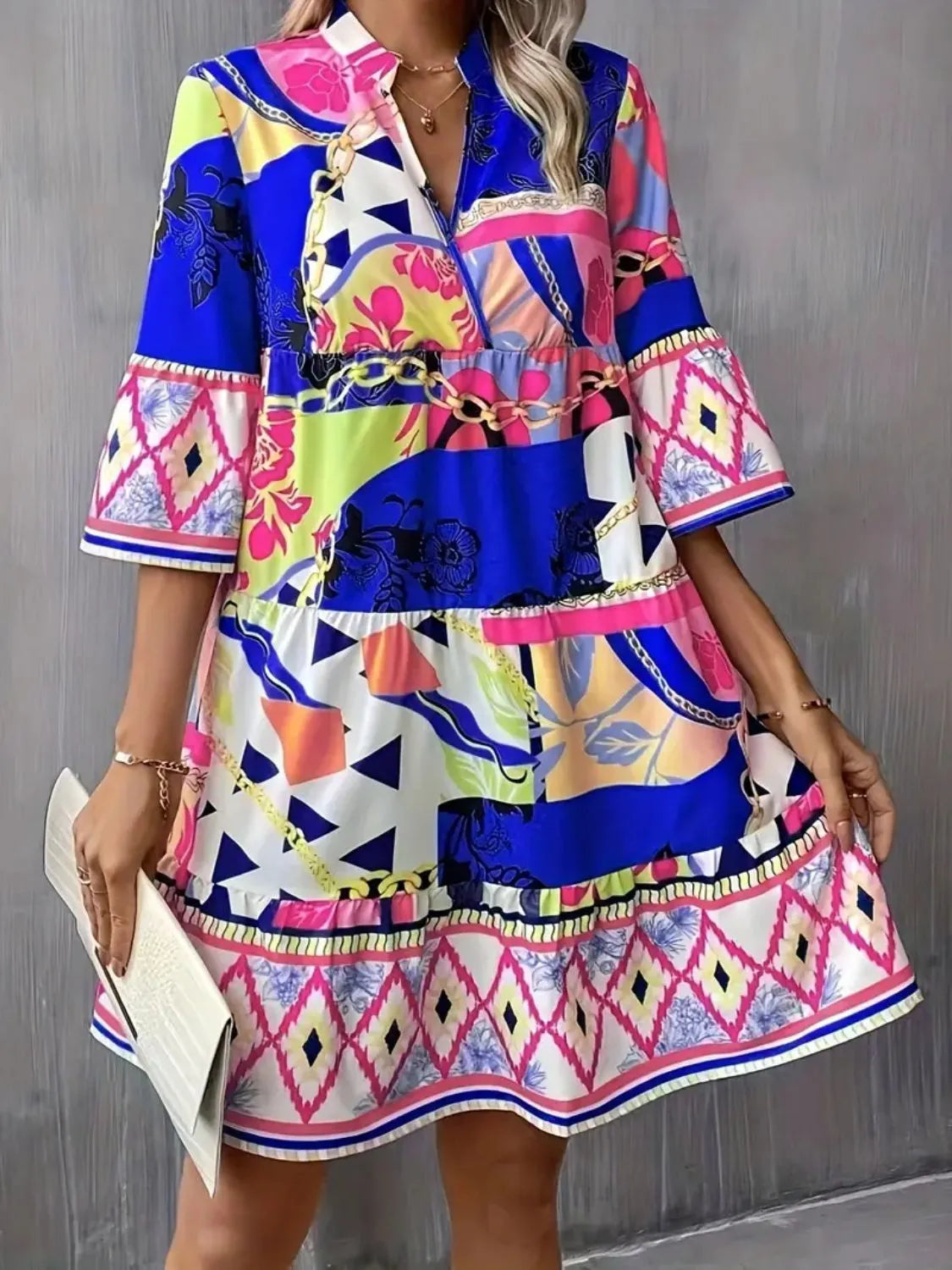 Printed Notched 3/4 Sleeve Tiered Dress Royal Blue