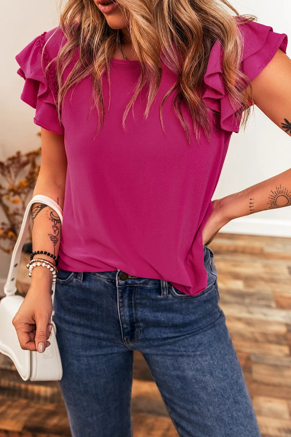 Short Ruffle Sleeve Round Neck Blouse