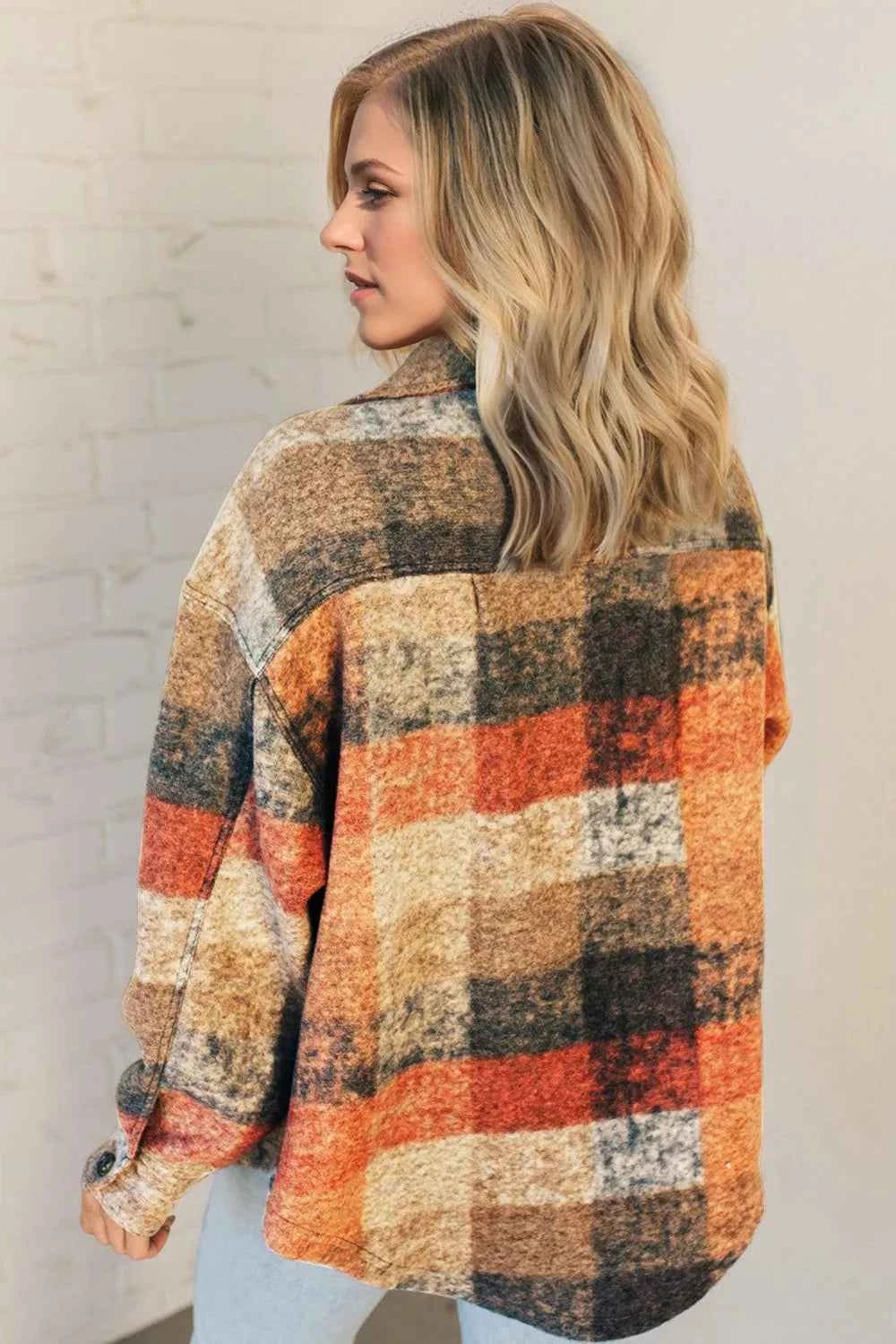 Double Take Button Up Plaid Fleece Shacket with Pockets