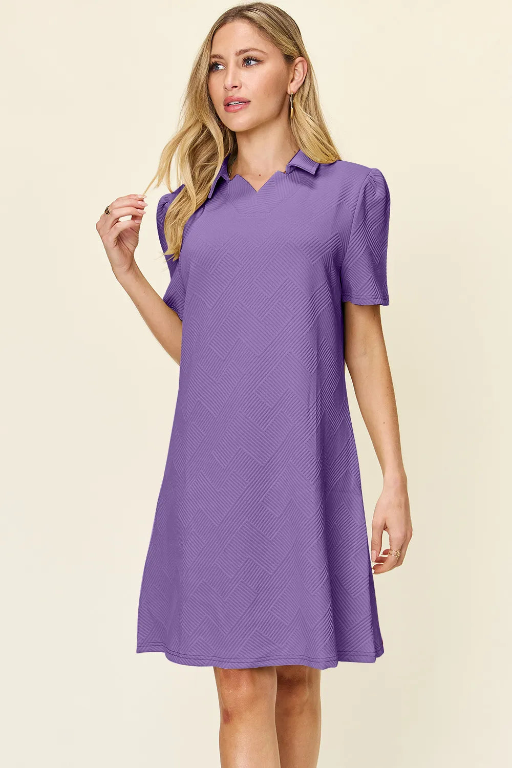 Double Take Full Size Texture Collared Neck Short Sleeve Dress Lavender