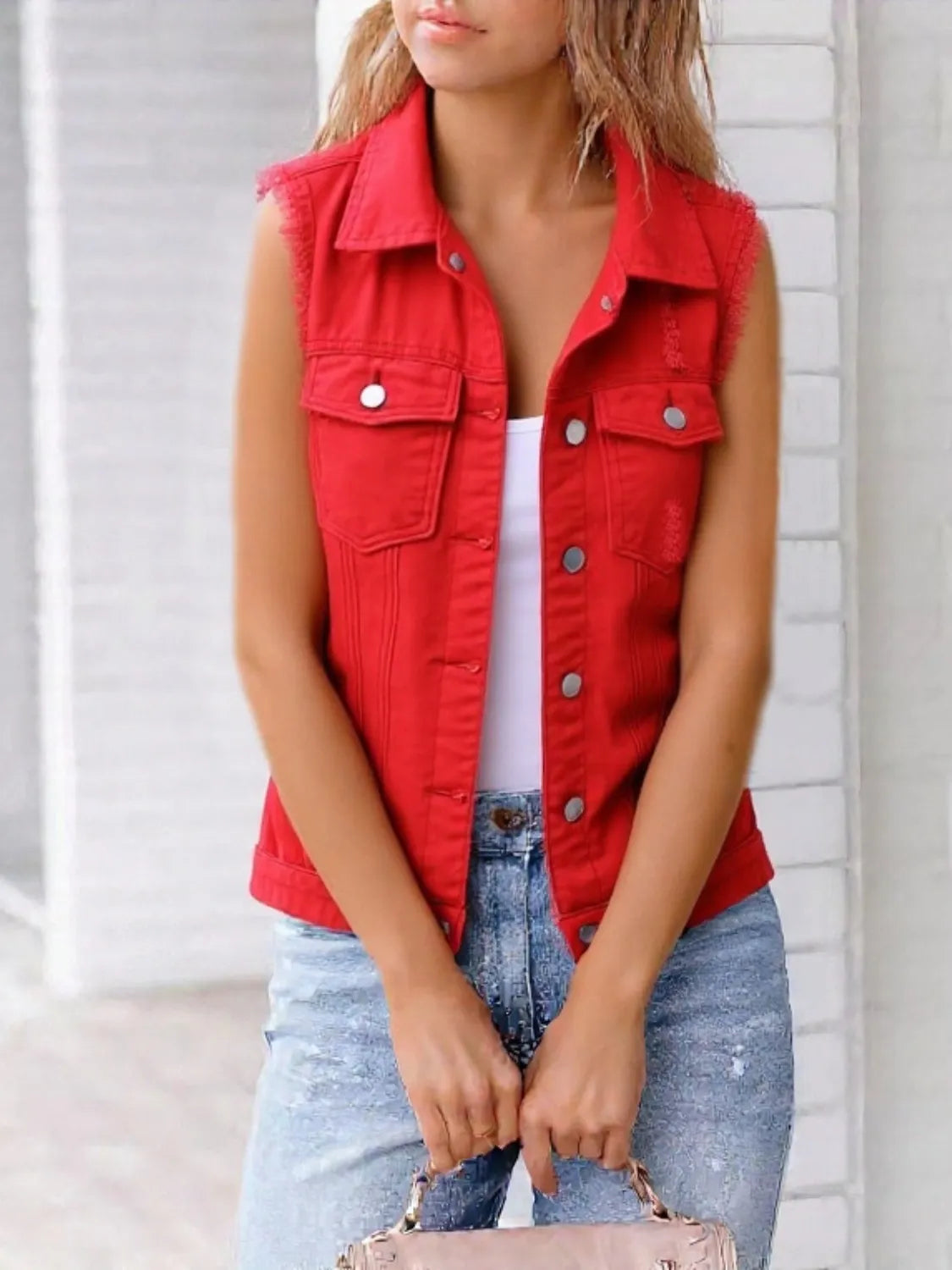 Full Size Sleeveless Frayed Denim Vest Jacket Plus Size Red