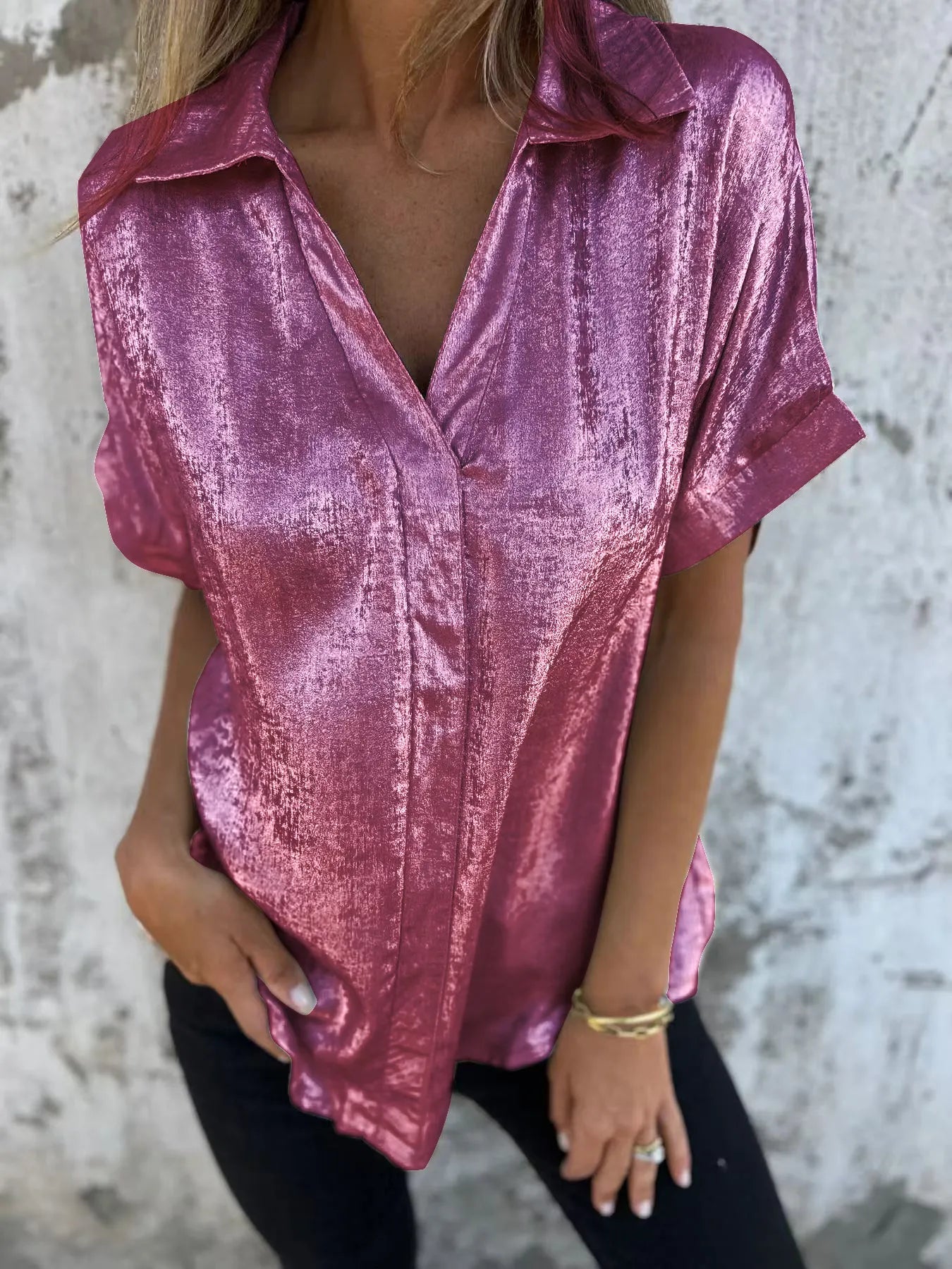 Full Size Collared Neck Short Sleeve Shirt Plus Size Purple Red