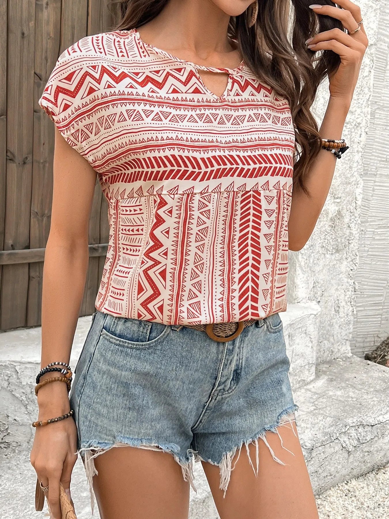 Geometric Print Short Sleeve Blouse